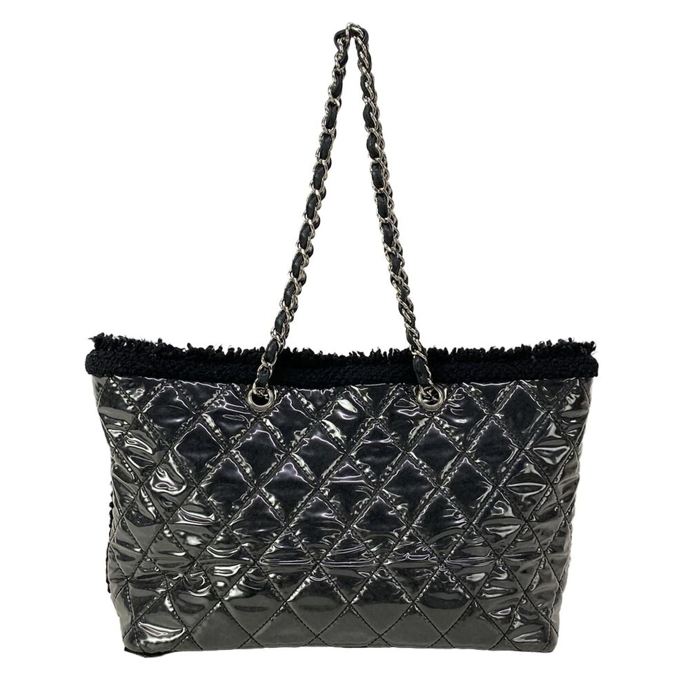 Chanel Patent Toilette Chain Tote Tote Bag Black Clear Vinyl Funny Tweed - Picture 3 of 15